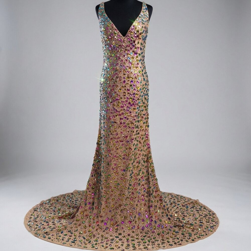 Luxury Couture Multi Color Gold Prom Party Evening Cocktail Crystals Dress Gown